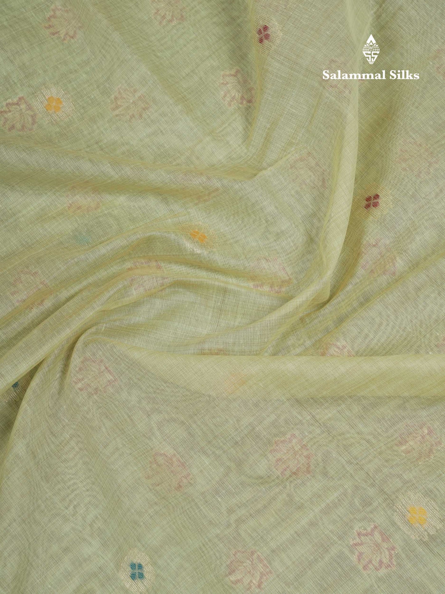 Beautiful Light Green Menakari Work Muga Cotton Saree With Small Ribbon Border