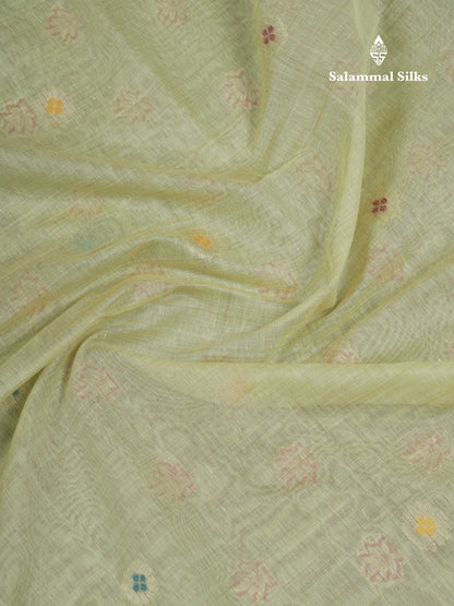Beautiful Light Green Menakari Work Muga Cotton Saree With Small Ribbon Border