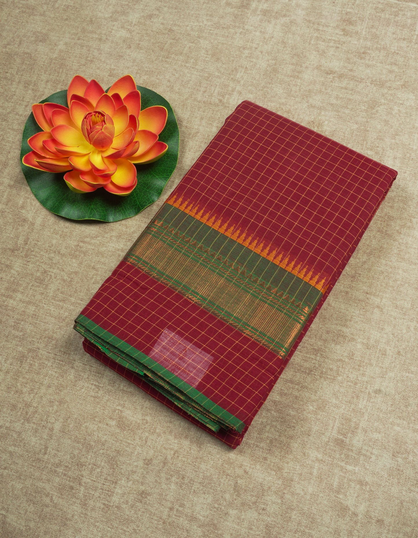 Dark Brown Thread Checks Beautiful Chettinad Cotton Saree With Temple & Zari Border