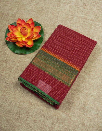 Dark Brown Thread Checks Beautiful Chettinad Cotton Saree With Temple & Zari Border