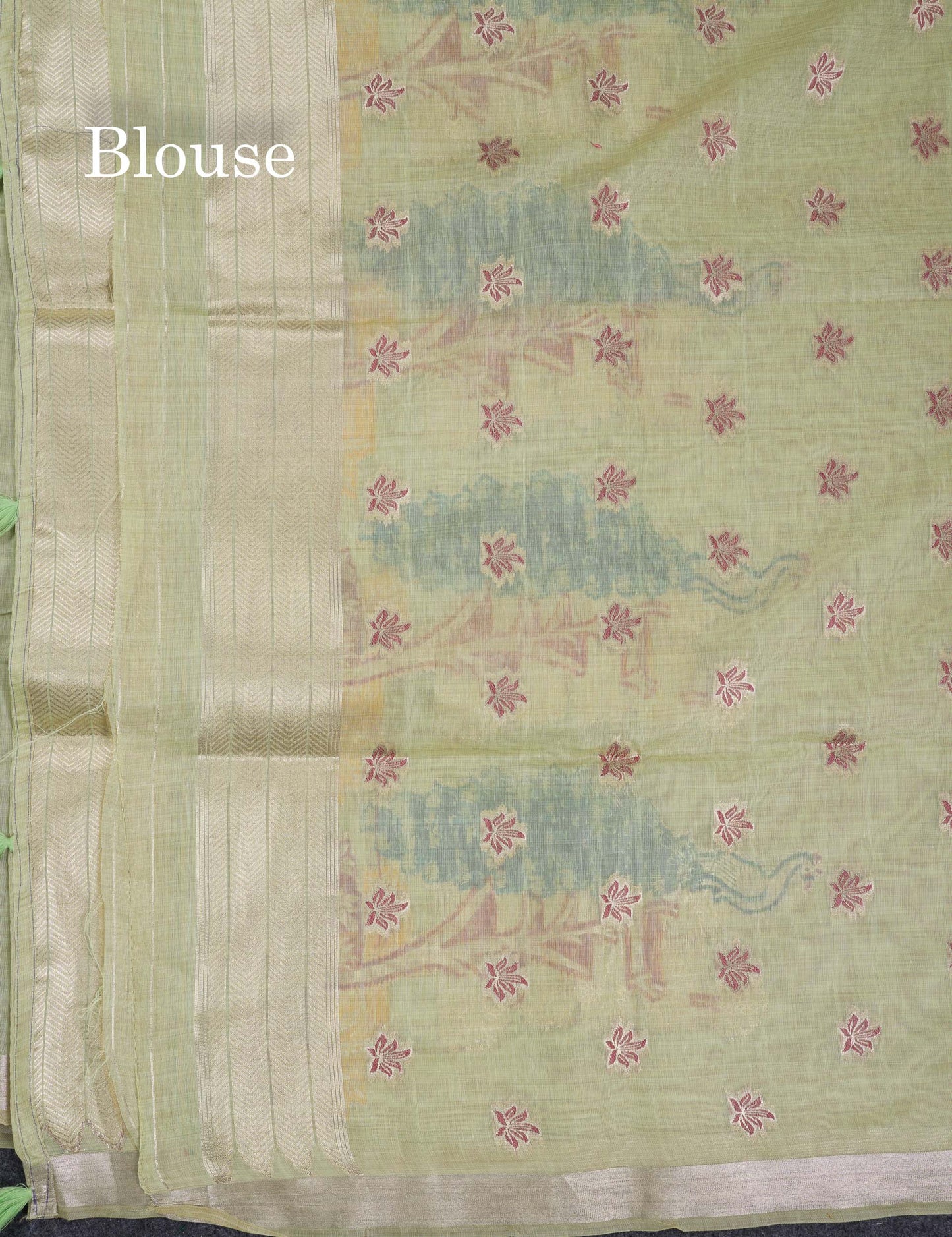 Beautiful Light Green Menakari Work Muga Cotton Saree With Small Ribbon Border