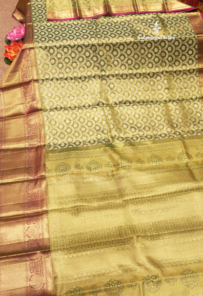Light Green Tissue Pure Kanjivaram Silk Saree with Contrast Magenta Pink Border