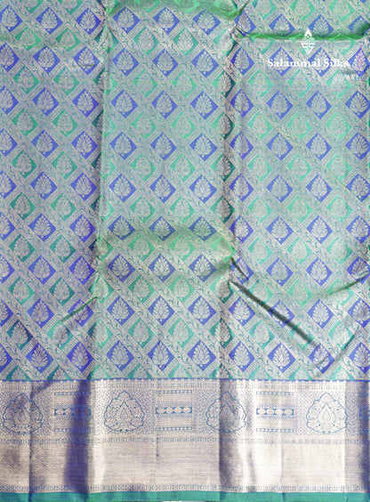 Beautiful Green And Peacock Blue Daimond Design Pure Kanjivaram Silk Saree Pure Zari with Blouse