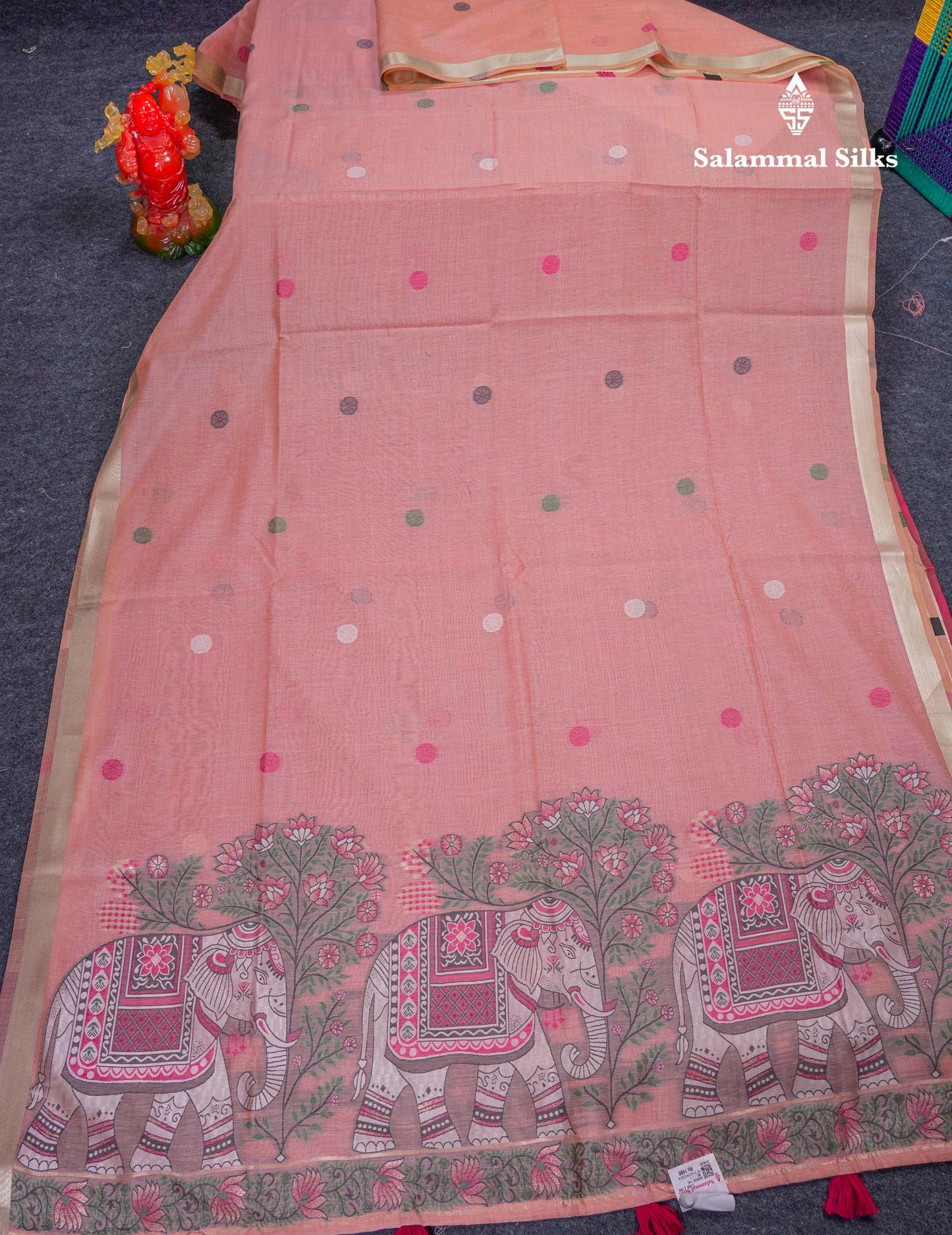 Beautiful Sapphire Green Thread Work Butta Muga Cotton Saree With Contrast Peacock Blue Blouse