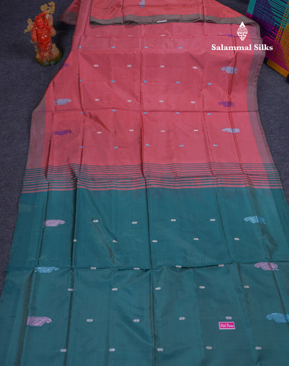 Peach Thread work Buttas Banana Pinth Saree (Vaazhainaar Pattu) With Contrast Peacock Green Blouse