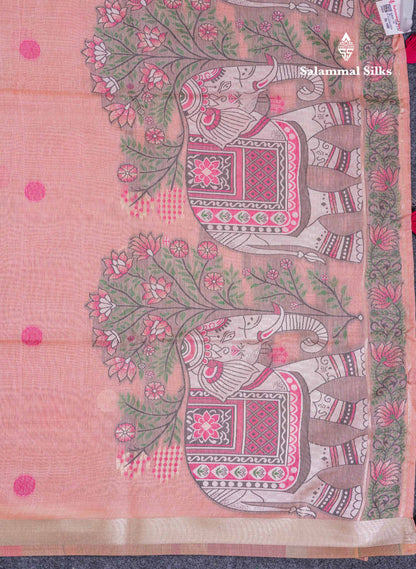 Beautiful Sapphire Green Thread Work Butta Muga Cotton Saree With Contrast Peacock Blue Blouse