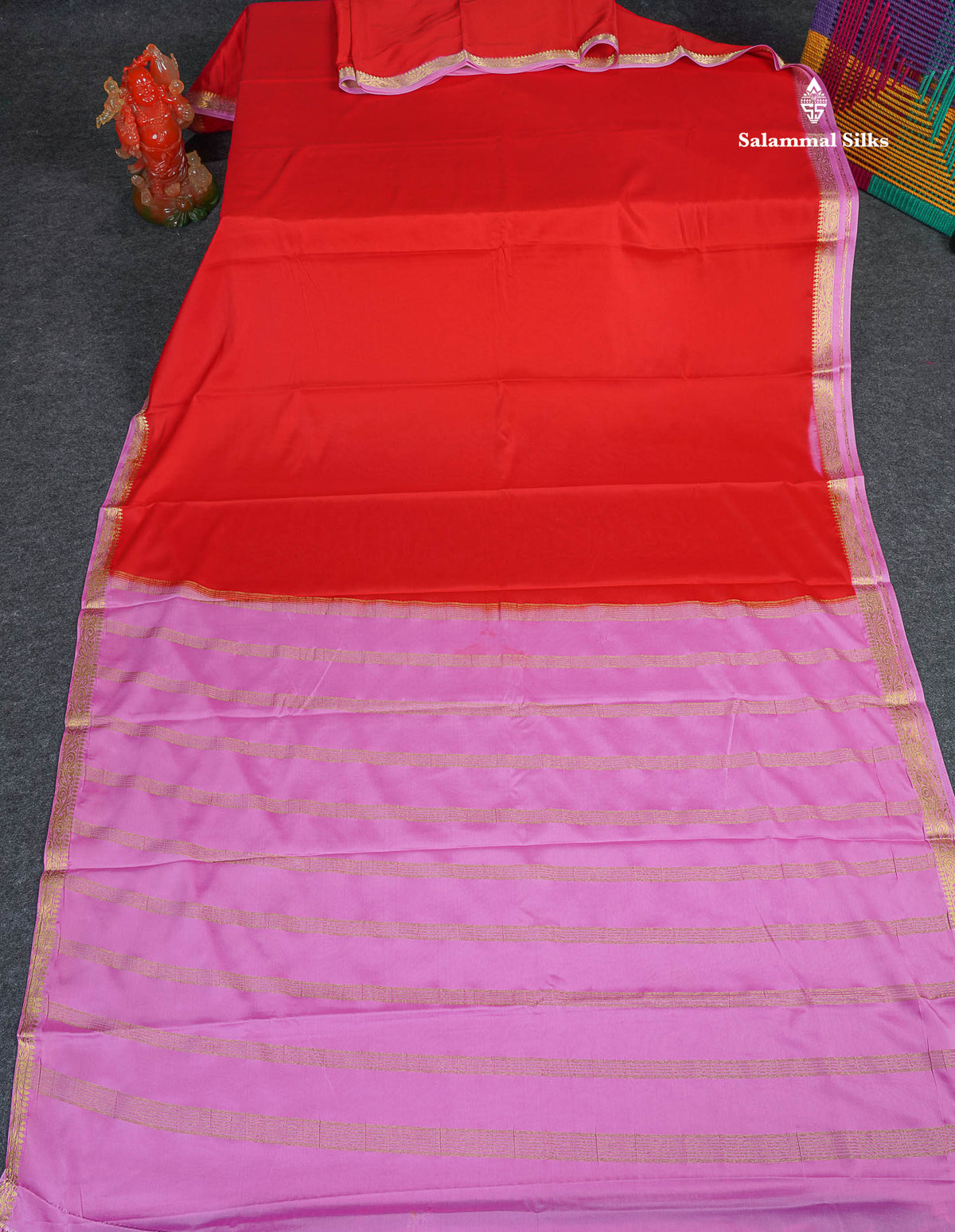 Semi Mysore Silk Saree - Chilly Red Colour Body Plain With Light Pink Small Border 
