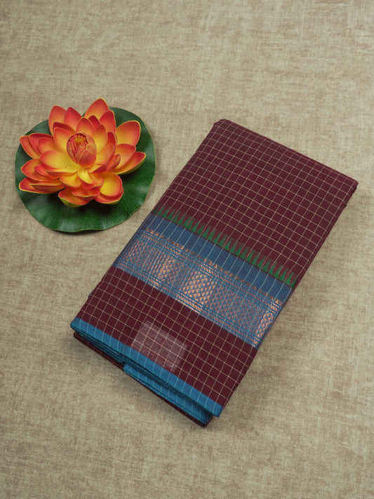 Dark Brown Thread Checks Beautiful Chettinad Cotton Saree With Temple & Zari Border