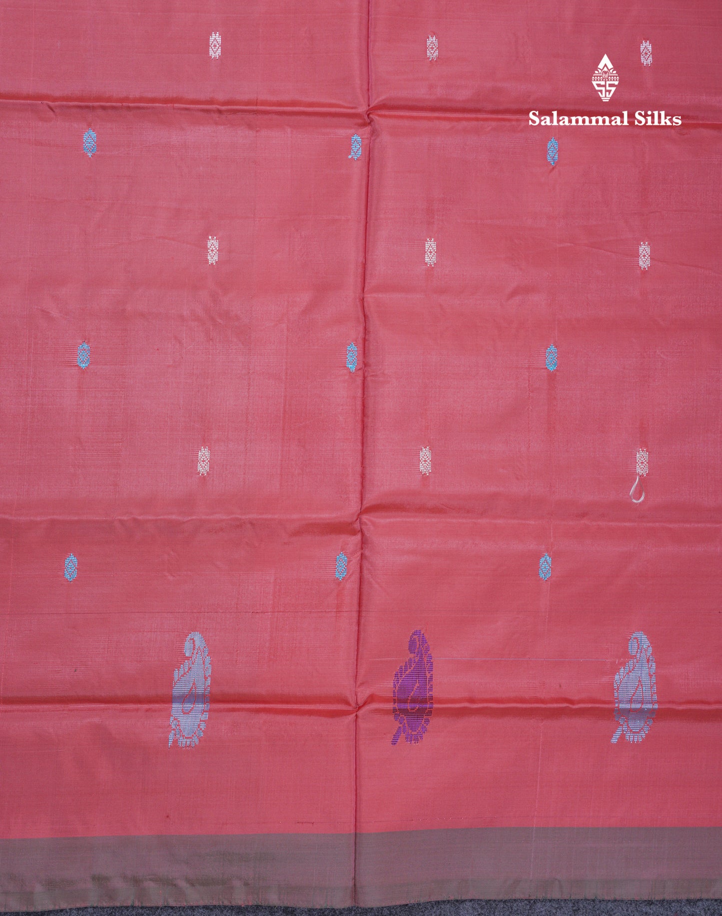 Dark Peach Thread work Buttas Banana Pinth Saree (Vaazhainaar Pattu) With Contrast Peacock Green Blouse