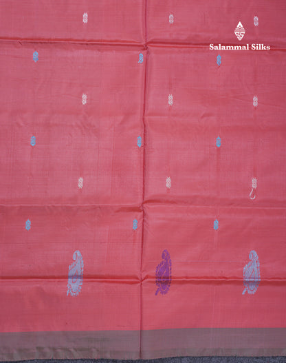 Peach Thread work Buttas Banana Pinth Saree (Vaazhainaar Pattu) With Contrast Peacock Green Blouse