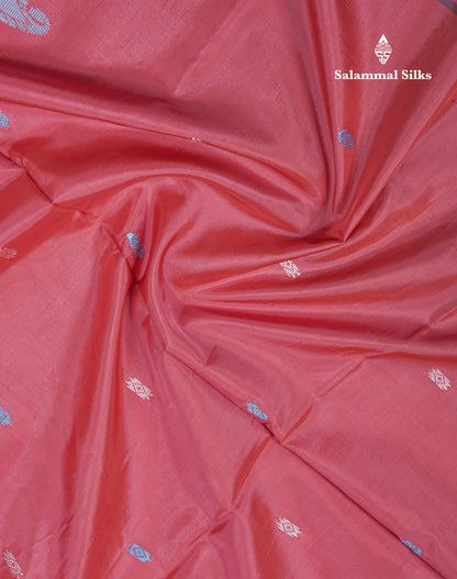 Dark Peach Thread work Buttas Banana Pinth Saree (Vaazhainaar Pattu) With Contrast Peacock Green Blouse