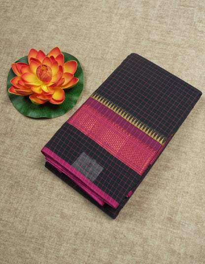 Dark Brown Thread Checks Beautiful Chettinad Cotton Saree With Temple & Zari Border
