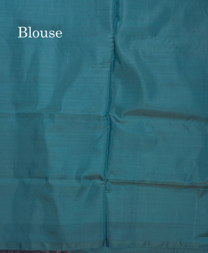 Dark Peach Thread work Buttas Banana Pinth Saree (Vaazhainaar Pattu) With Contrast Peacock Green Blouse