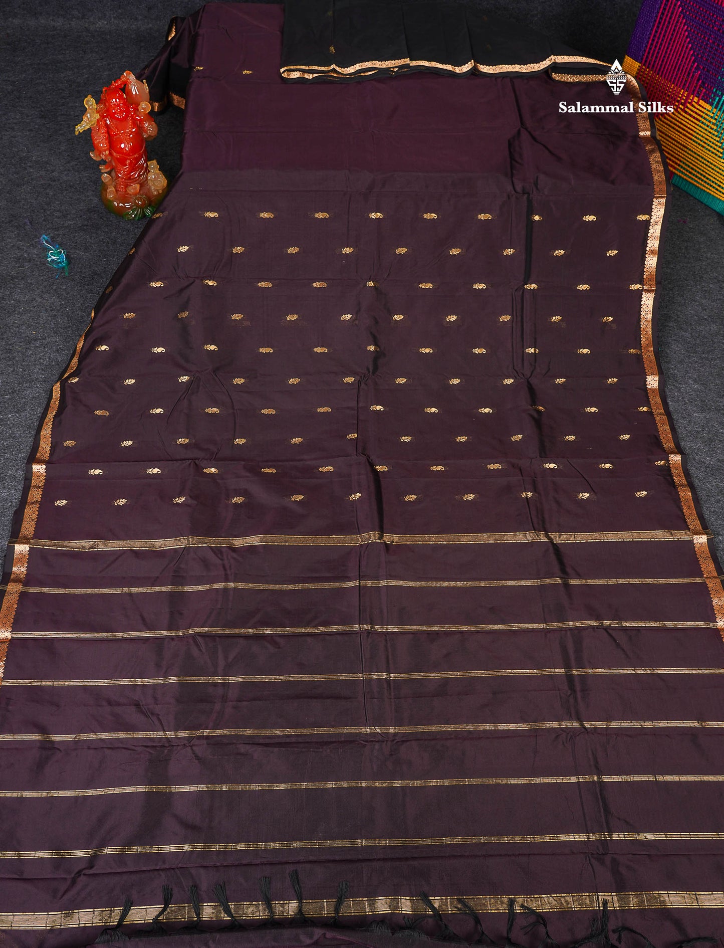 Semi Silk Saree - Dark Brown Colour Body Zari Butta With Traditional Small Border