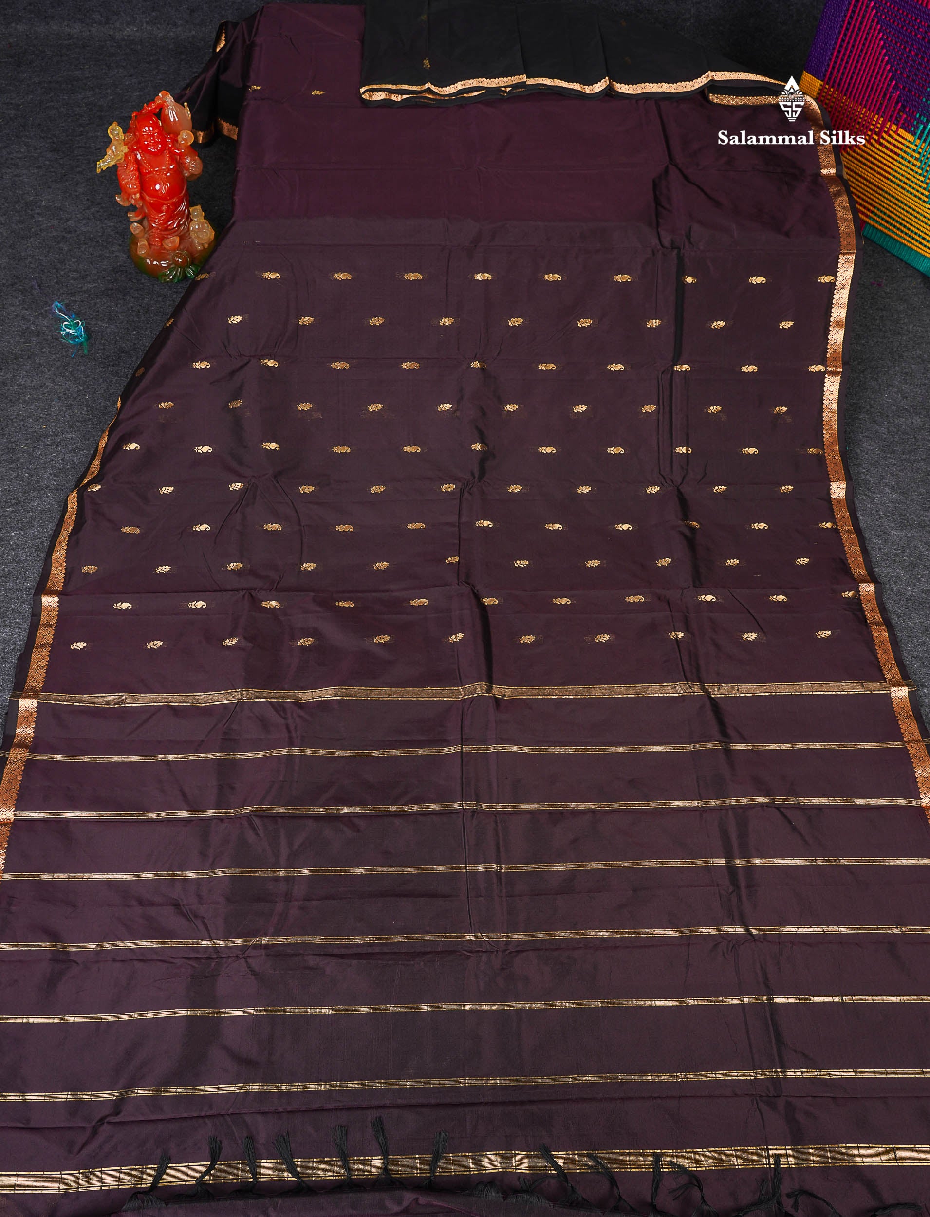 Semi Silk Saree - Dark Brown Colour Body Zari Butta With Traditional Small Border
