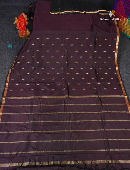 Semi Silk Saree - Dark Brown Colour Body Zari Butta With Traditional Small Border
