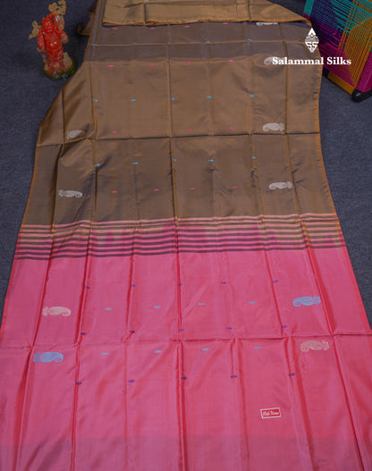 Olive Mustard Yellow Thread work Buttas Banana Pinth Saree (Vaazhainaar Pattu) With Contrast Pink Blouse