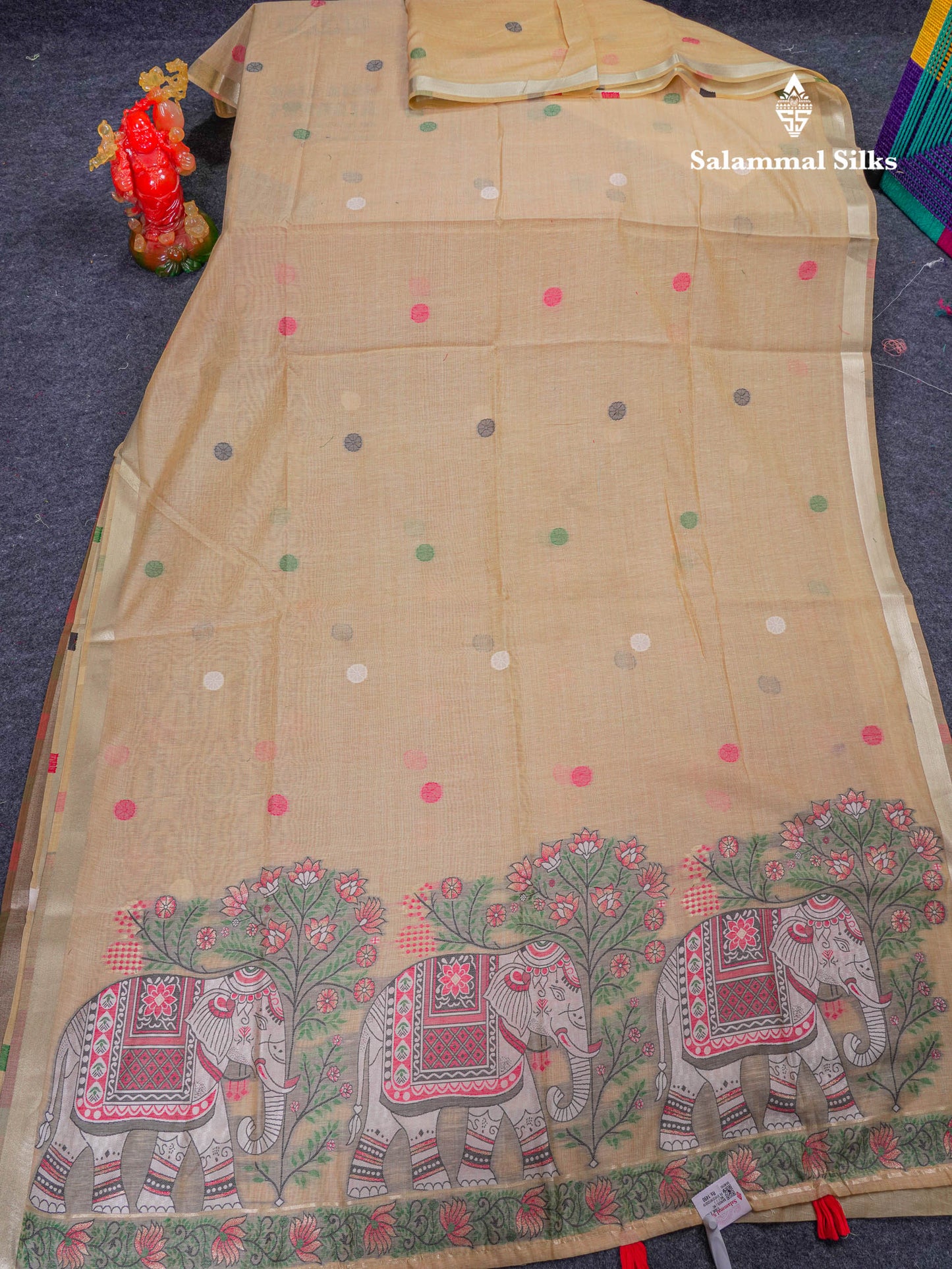 Beautiful Sapphire Green Thread Work Butta Muga Cotton Saree With Contrast Peacock Blue Blouse