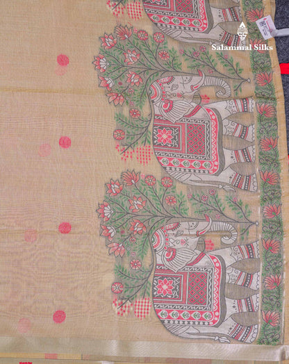 Beautiful Sapphire Green Thread Work Butta Muga Cotton Saree With Contrast Peacock Blue Blouse