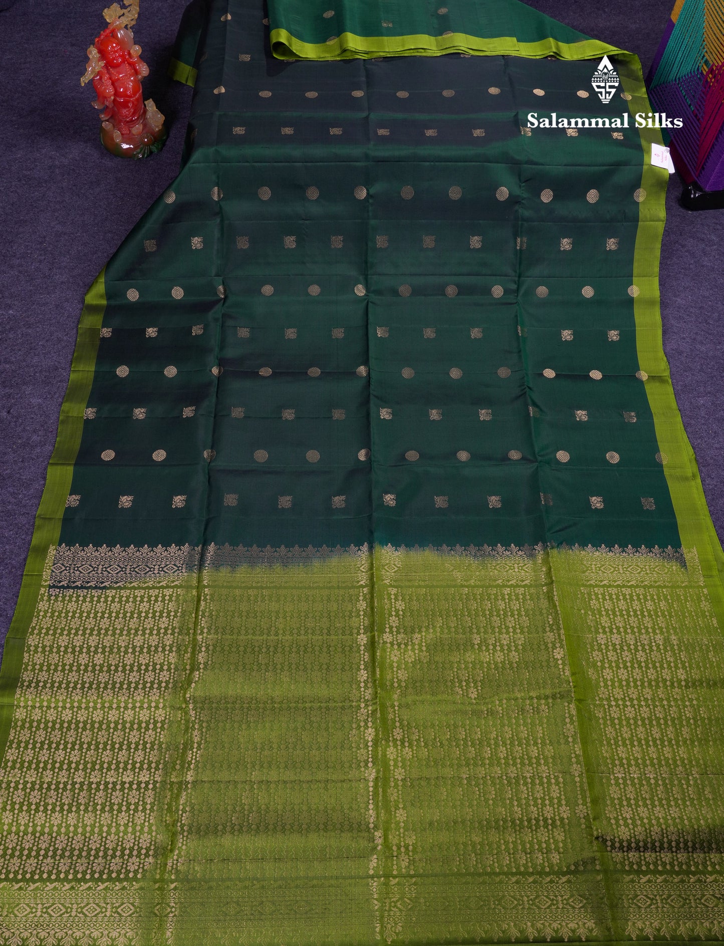 Beautiful Bottle Green Pure Kanjivaram Soft Silk Saree With Contrast Green Blouse