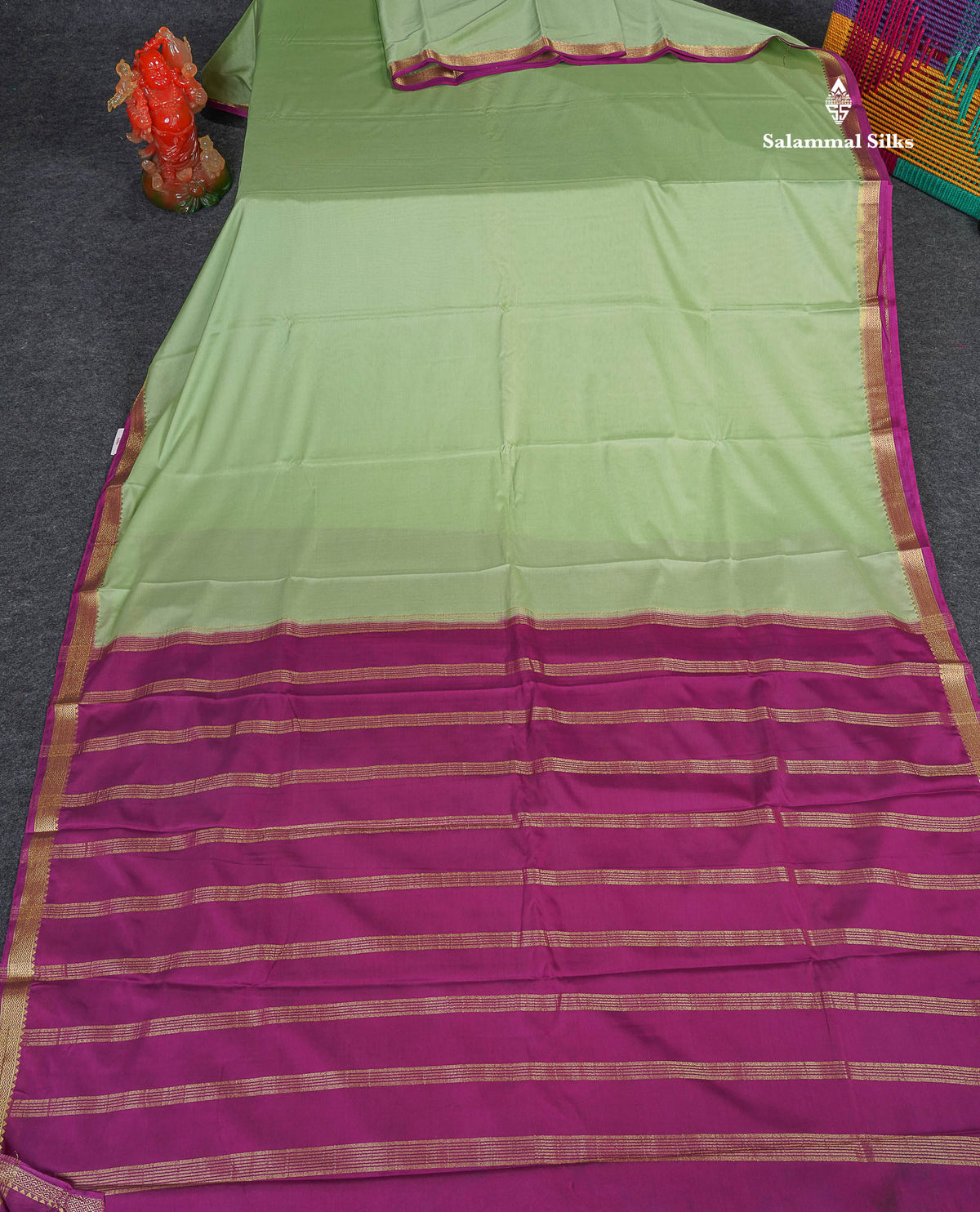 Semi Mysore Silk Saree - Pista Green Colour Body Plain With Magenta Small Border
