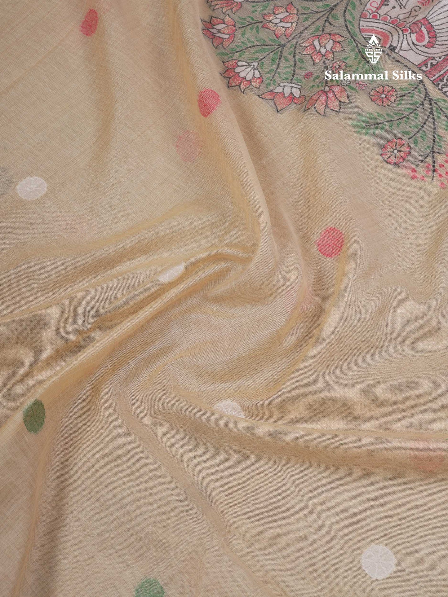 Beautiful Sapphire Green Thread Work Butta Muga Cotton Saree With Contrast Peacock Blue Blouse