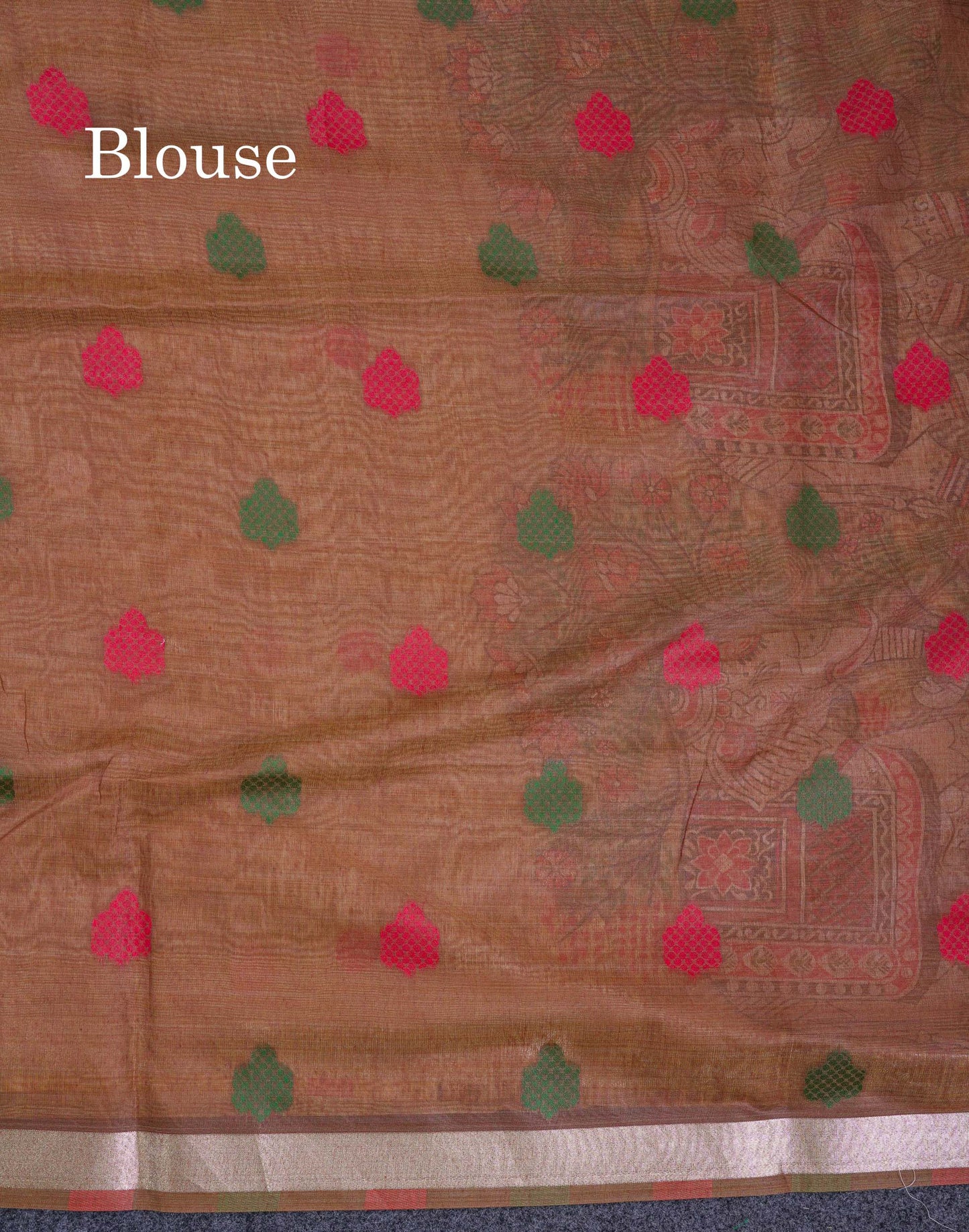 Beautiful Sapphire Green Thread Work Butta Muga Cotton Saree With Contrast Peacock Blue Blouse