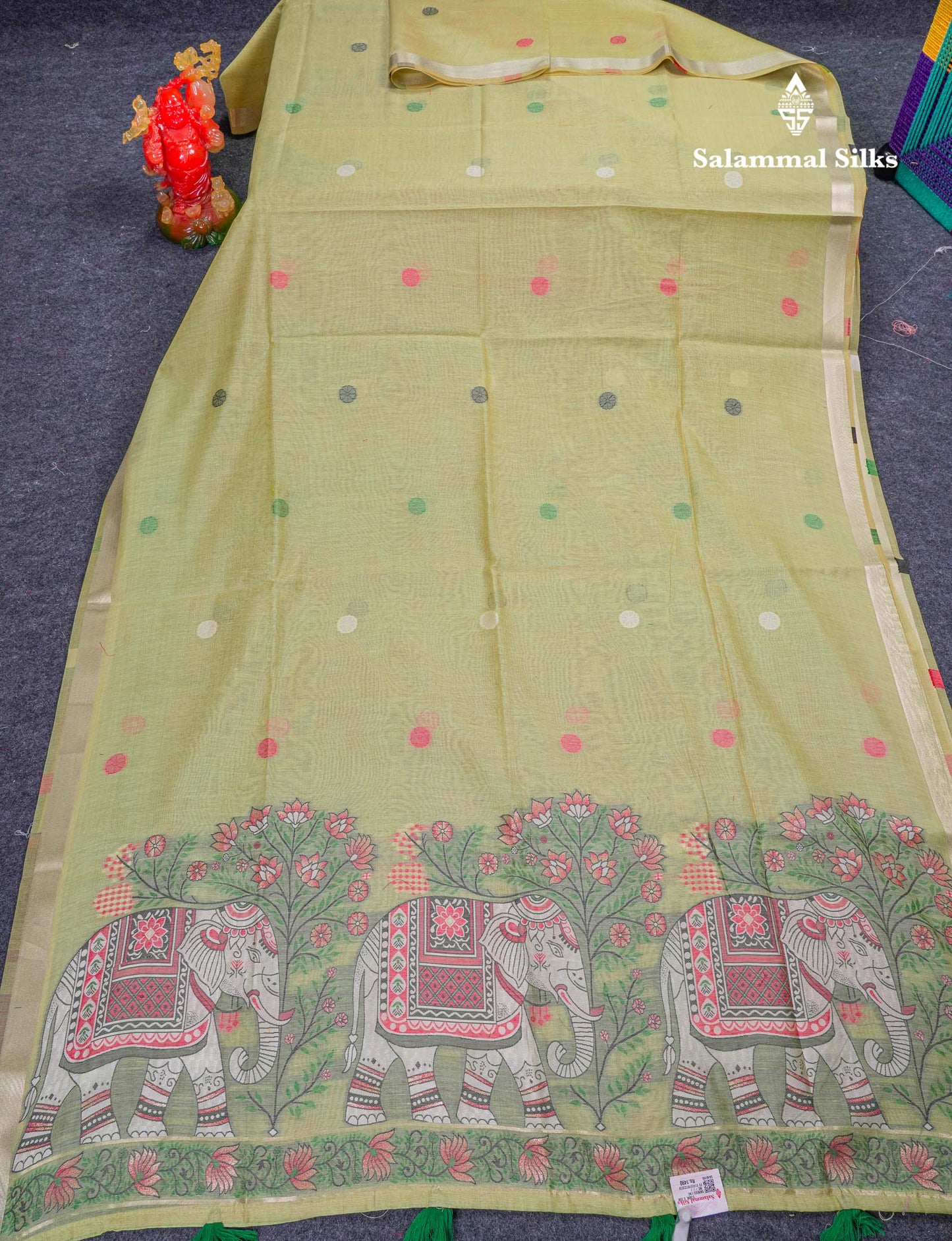 Beautiful Sapphire Green Thread Work Butta Muga Cotton Saree With Contrast Peacock Blue Blouse