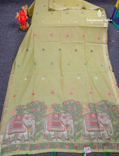 Beautiful Sapphire Green Thread Work Butta Muga Cotton Saree With Contrast Peacock Blue Blouse