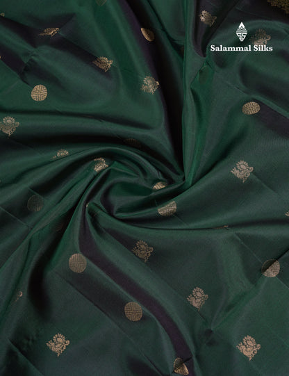 Beautiful Bottle Green Pure Kanjivaram Soft Silk Saree With Contrast Green Blouse
