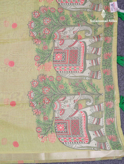 Beautiful Sapphire Green Thread Work Butta Muga Cotton Saree With Contrast Peacock Blue Blouse