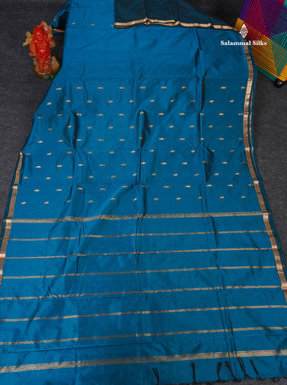 Semi Silk Saree - Ramar Blue Colour Body Zari Butta With Traditional Small Border