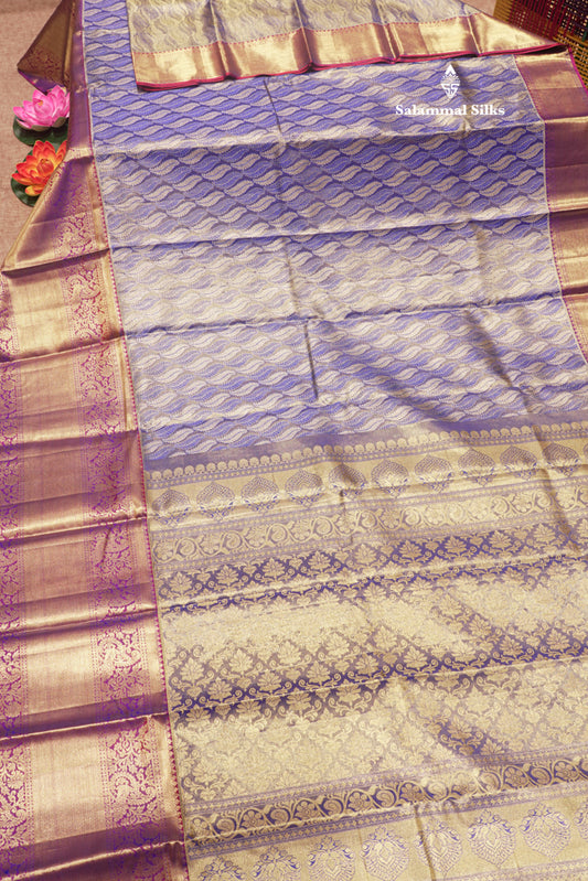 Blue Colour Tissue Pure Kanjivaram Silk Saree with Gold Zari Long Border