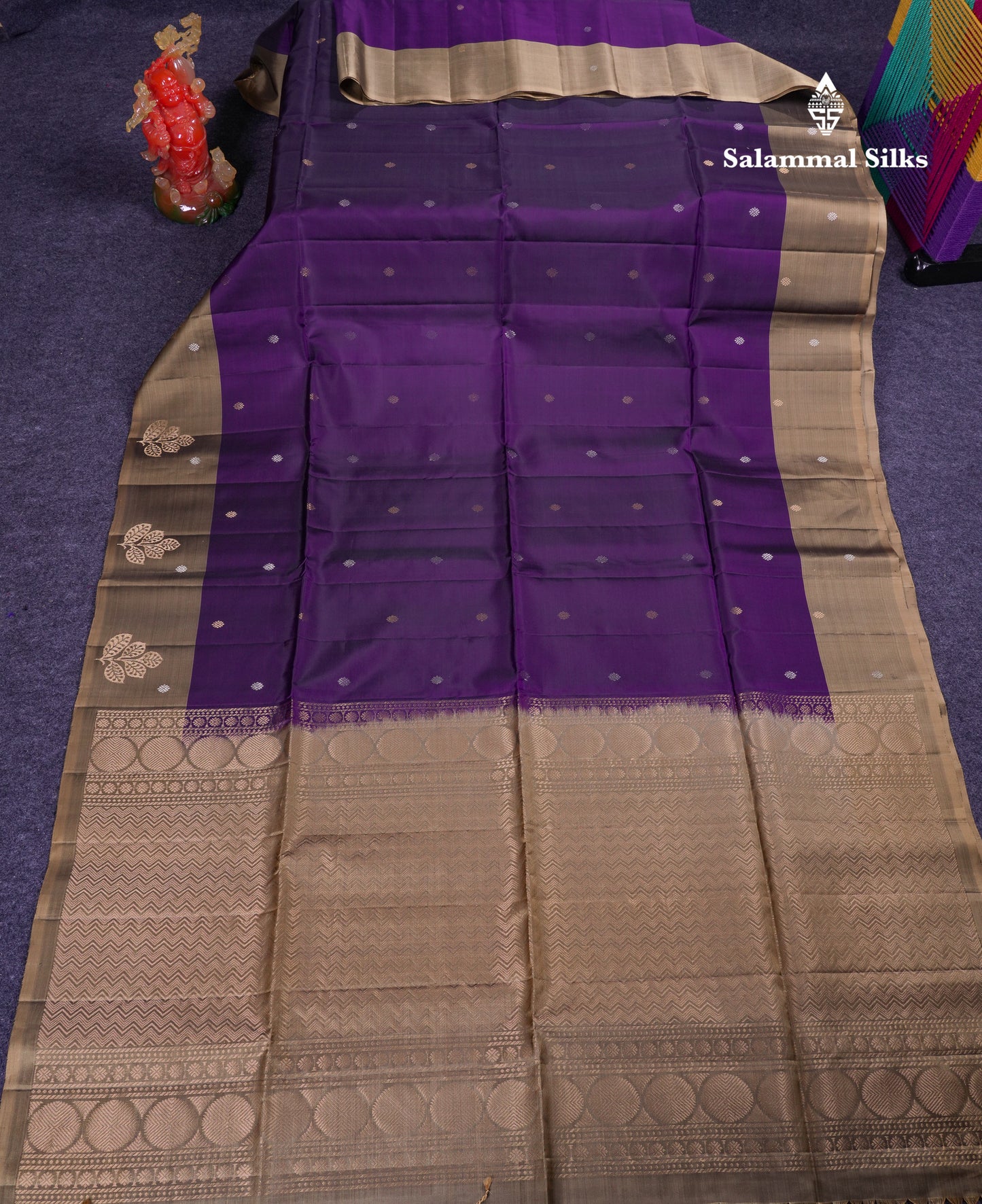 Beautiful Dark Purple PureMix Kanjivaram Soft Silk Saree With Contrast Light Brown Fancy Border