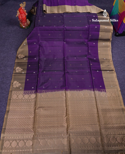 Beautiful Dark Purple PureMix Kanjivaram Soft Silk Saree With Contrast Light Brown Fancy Border