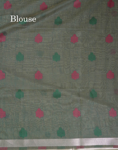 Beautiful Sapphire Green Thread Work Butta Muga Cotton Saree With Contrast Peacock Blue Blouse