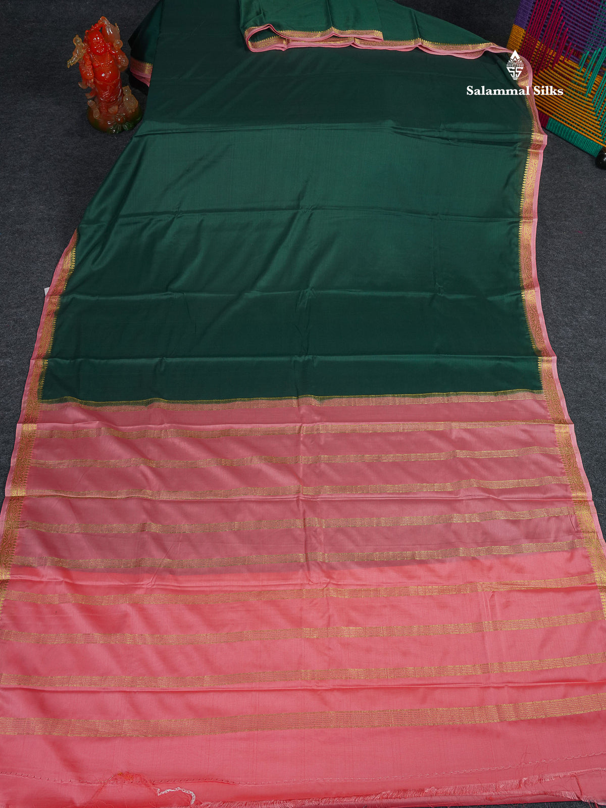Semi Mysore Silk Saree - Bottle Green Colour Body Plain With Onion Pink Small Border 