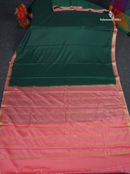 Semi Mysore Silk Saree - Bottle Green Colour Body Plain With Onion Pink Small Border 