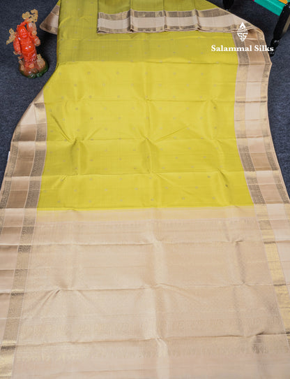 Golden Yellow Beautiful Small Buttas Pure Kanjivaram Silk Saree Pure Zari with Traditional Cream Double Border