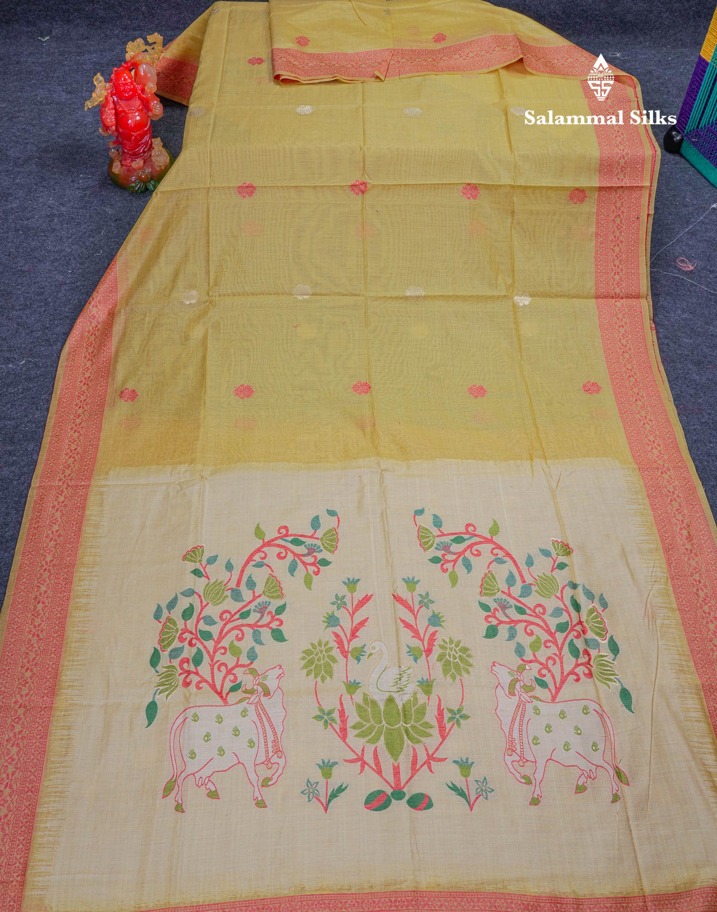 Beautiful Light Pink Thread Work Butta Muga Cotton Saree With Contrast Pink Blouse