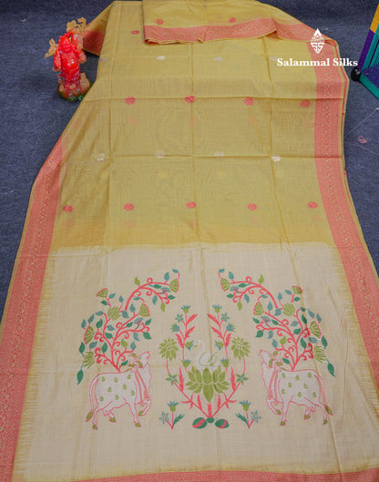 Beautiful Light Pink Thread Work Butta Muga Cotton Saree With Contrast Pink Blouse