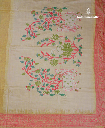 Beautiful Light Pink Thread Work Butta Muga Cotton Saree With Contrast Pink Blouse