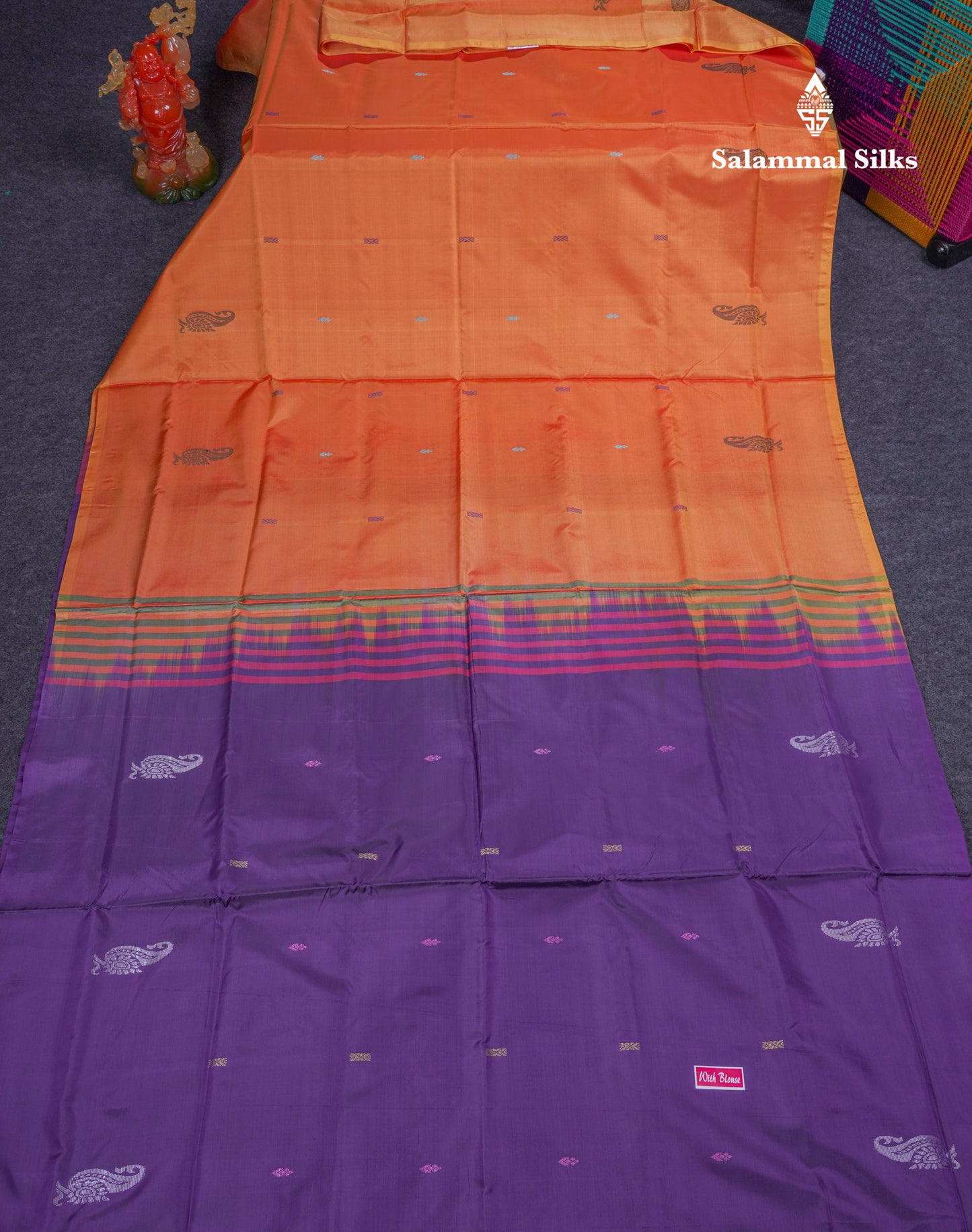 Orange Thread work Buttas Banana Pinth Saree (Vaazhainaar Pattu) With Contrast Purple Blouse