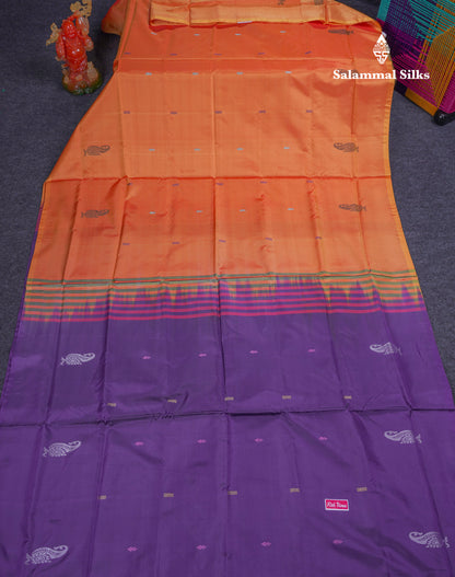 Orange Thread work Buttas Banana Pinth Saree (Vaazhainaar Pattu) With Contrast Purple Blouse