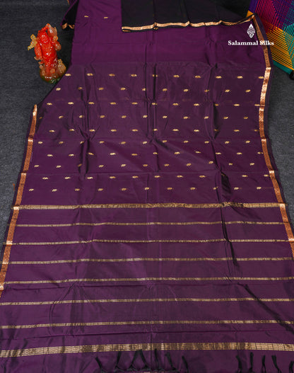 Semi Silk Saree - Dark Purple Colour Body Zari Butta With Traditional Small Border