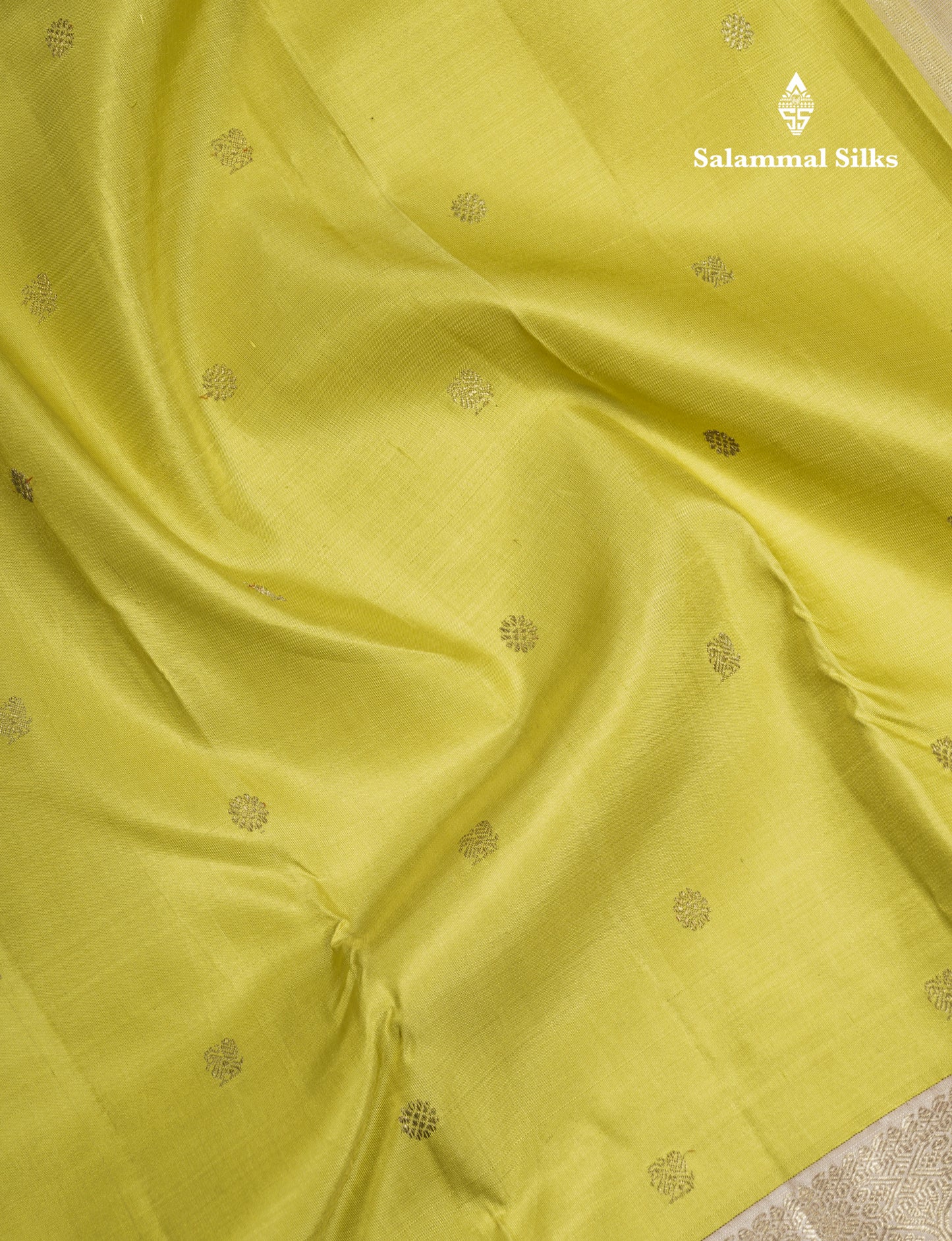 Golden Yellow Beautiful Small Buttas Pure Kanjivaram Silk Saree Pure Zari with Traditional Cream Double Border