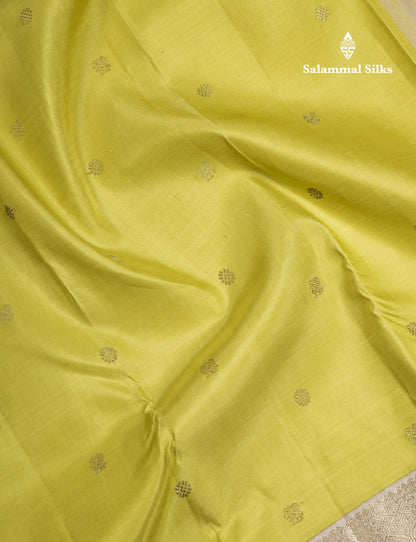 Golden Yellow Beautiful Small Buttas Pure Kanjivaram Silk Saree Pure Zari with Traditional Cream Double Border