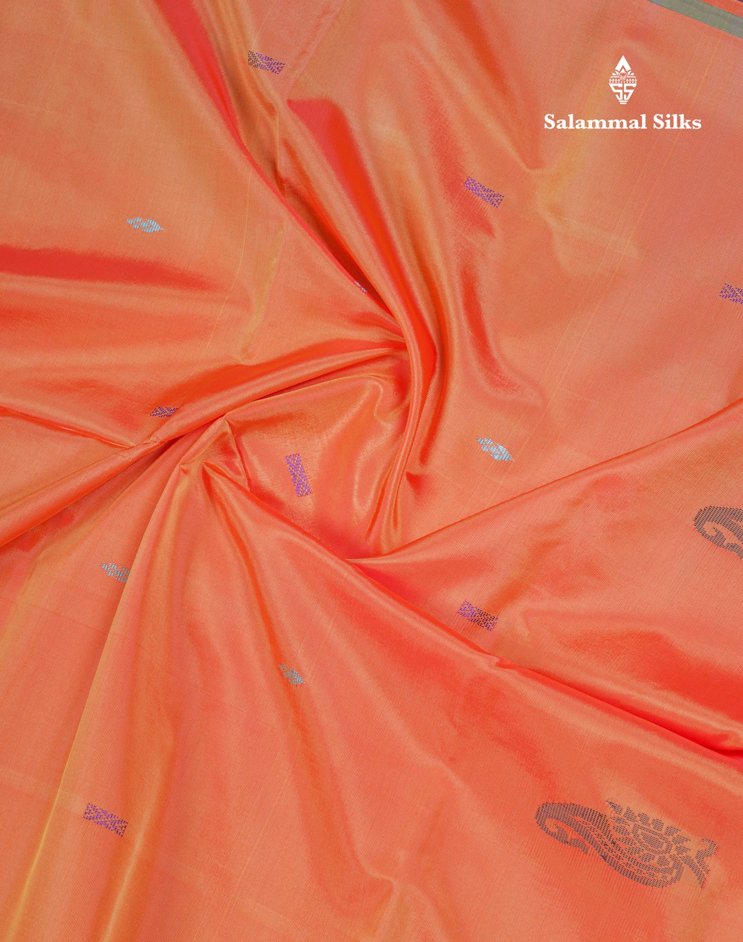 Orange Thread work Buttas Banana Pinth Saree (Vaazhainaar Pattu) With Contrast Purple Blouse
