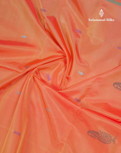 Orange Thread work Buttas Banana Pinth Saree (Vaazhainaar Pattu) With Contrast Purple Blouse