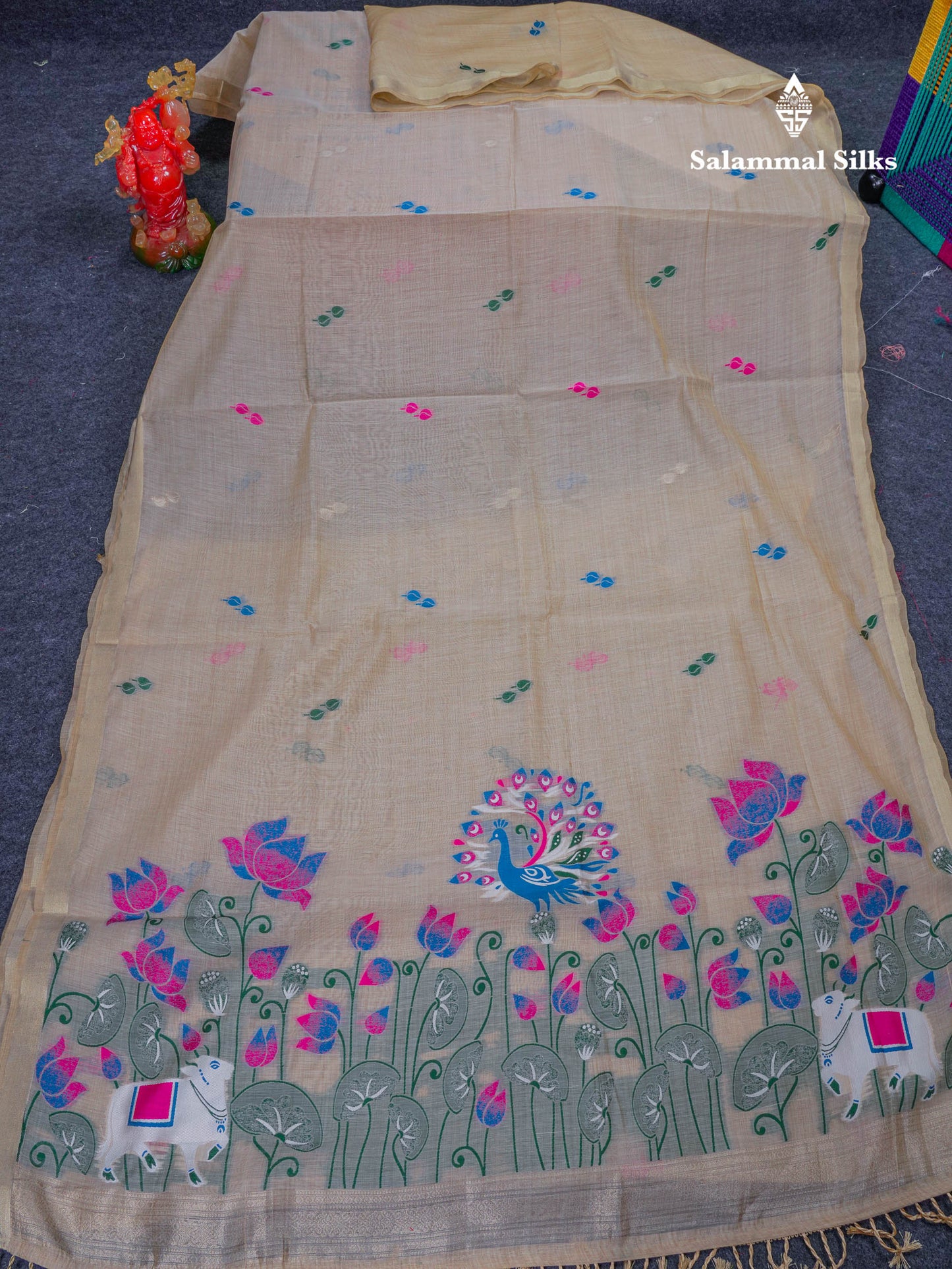 Beautiful Cream Sandal Menakari Work Muga Cotton Saree With Small Ribbon Border